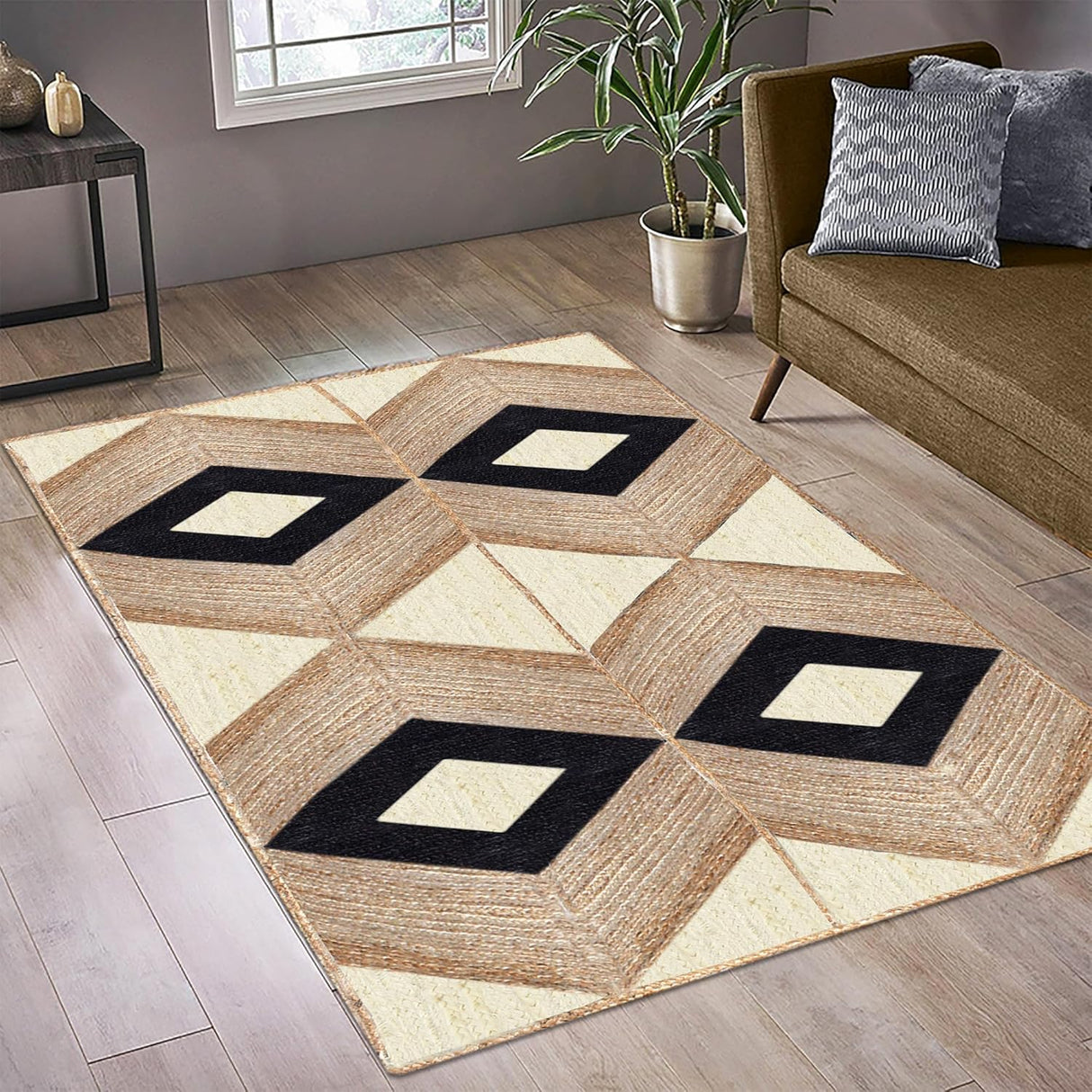 Beige and Black Indian Rug – Hand-Woven Geometric Area Rug for Living Room