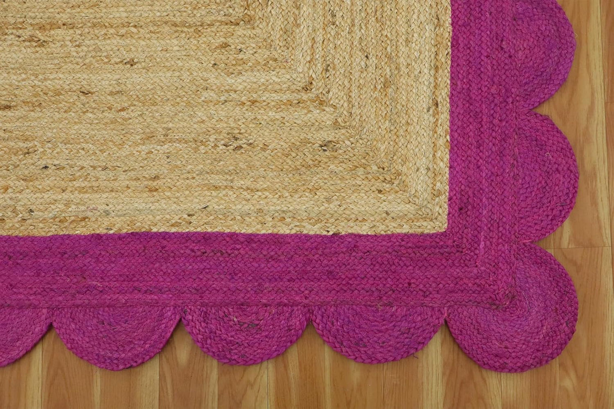 Black Border Jute Rug – Hand-Braided Scalloped Rug for Patio or Living Room