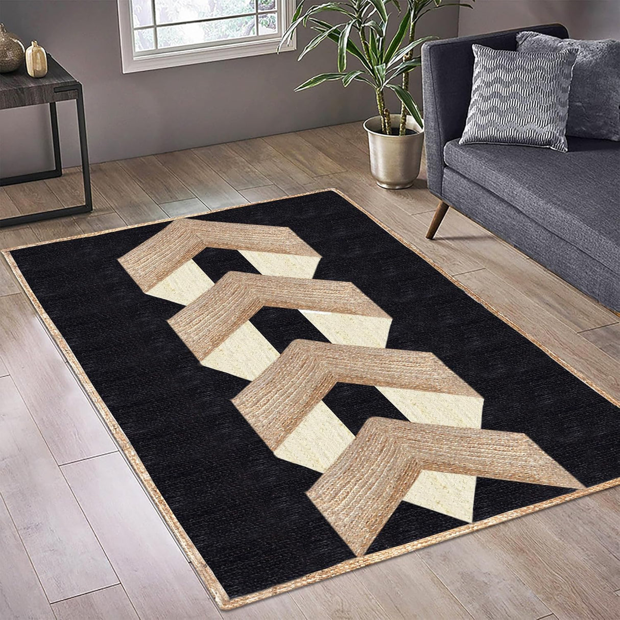 Beige and Black Indian Rug – Hand-Woven Geometric Area Rug for Living Room