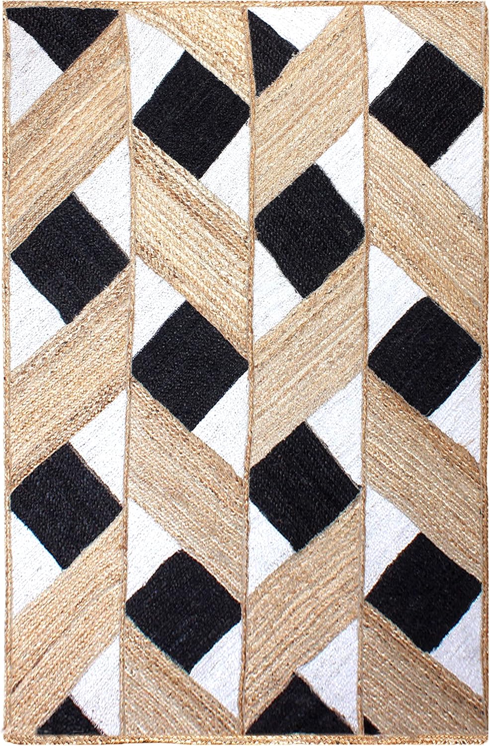 Beige and Black Indian Rug – Hand-Woven Geometric Area Rug for Living Room