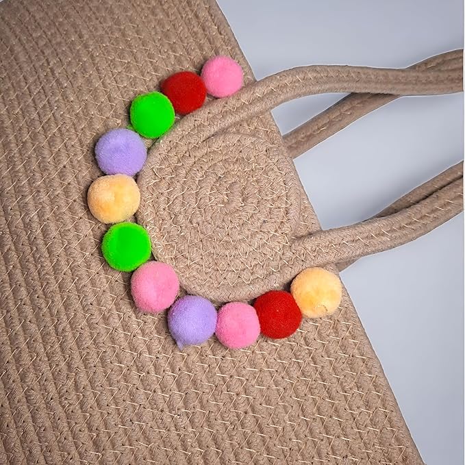 DECOR Pure Cotton Light Brown Jute Tote Bag with Pom Poms – Stylish