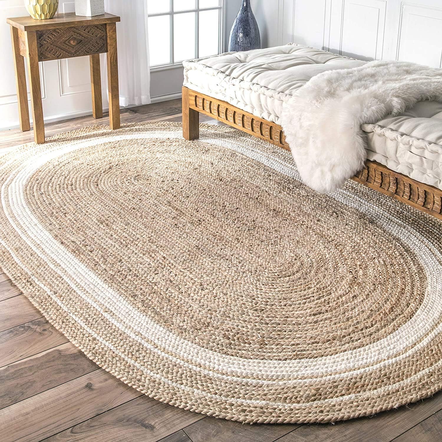 Handcrafted Bohemian Rug – White Braided Border Natural Fiber Floor Mat