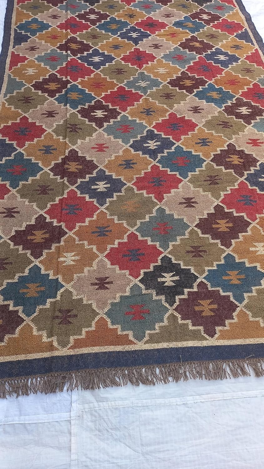 Boho Wool Jute Kilim Rug, Flatweave Multicolor Dhurrie Carpet