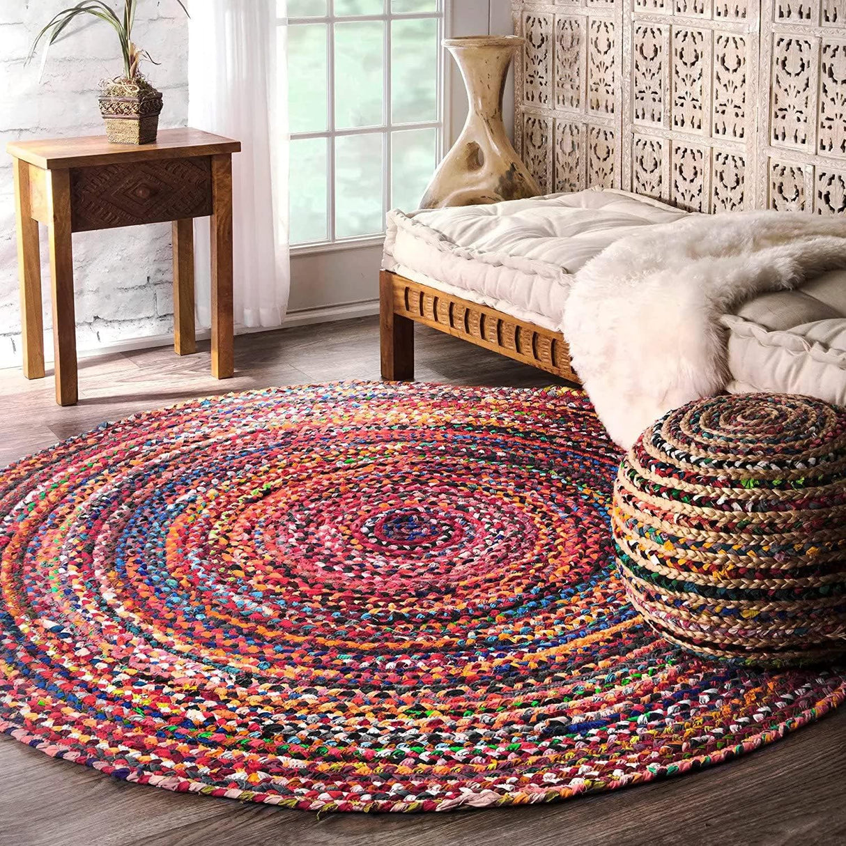 Round Natural Jute Rug – Cotton Blend Hand-Braided Area Rug