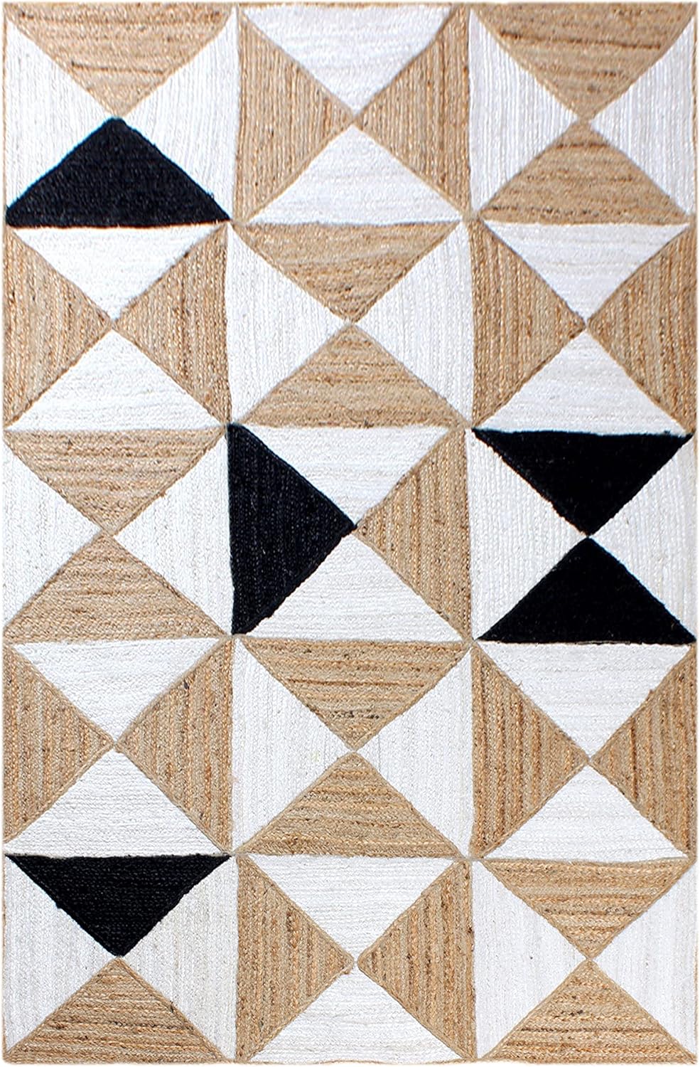 Beige and Black Indian Rug – Hand-Woven Geometric Area Rug for Living Room