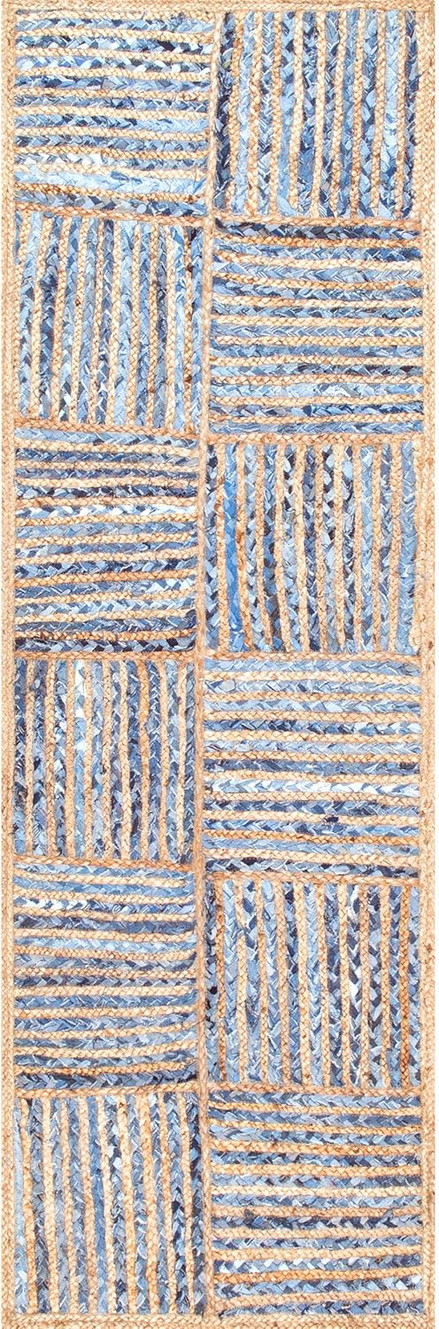 Indian Hand Woven Blue Hemp-Denim-Jute Cotton ,Recycled Denim Jute Rug