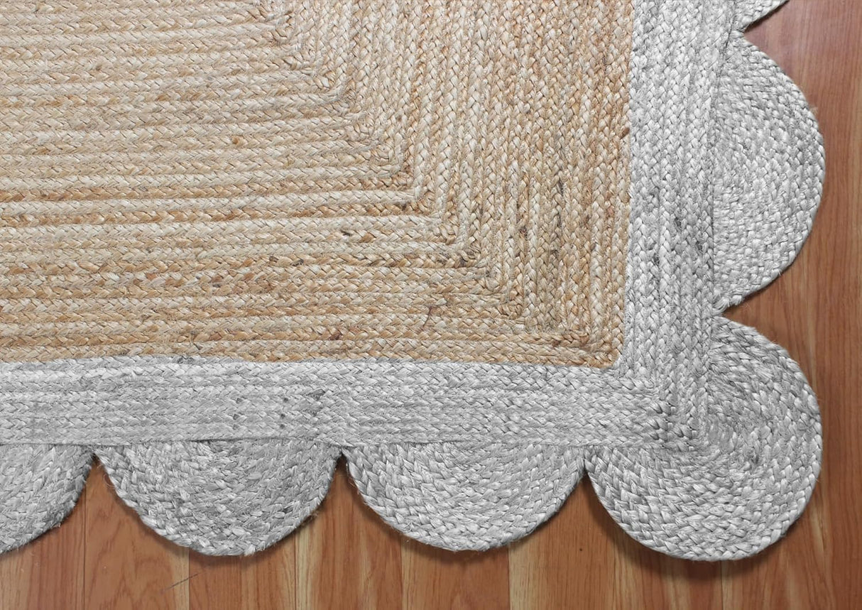 Black Border Jute Rug – Hand-Braided Scalloped Rug for Patio or Living Room