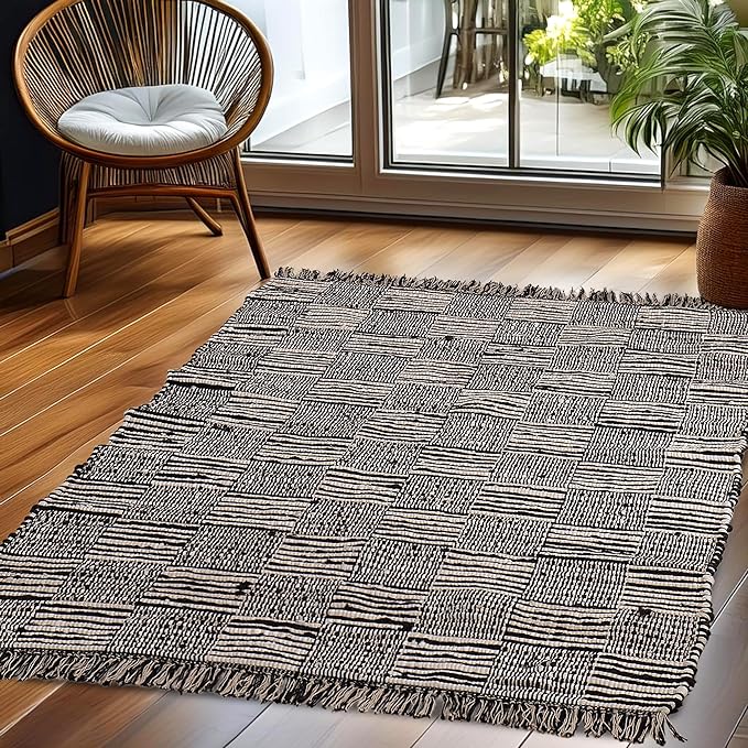 Handmade Black Cotton & Jute Fashion Floor Carpet Reversible Rug Mat