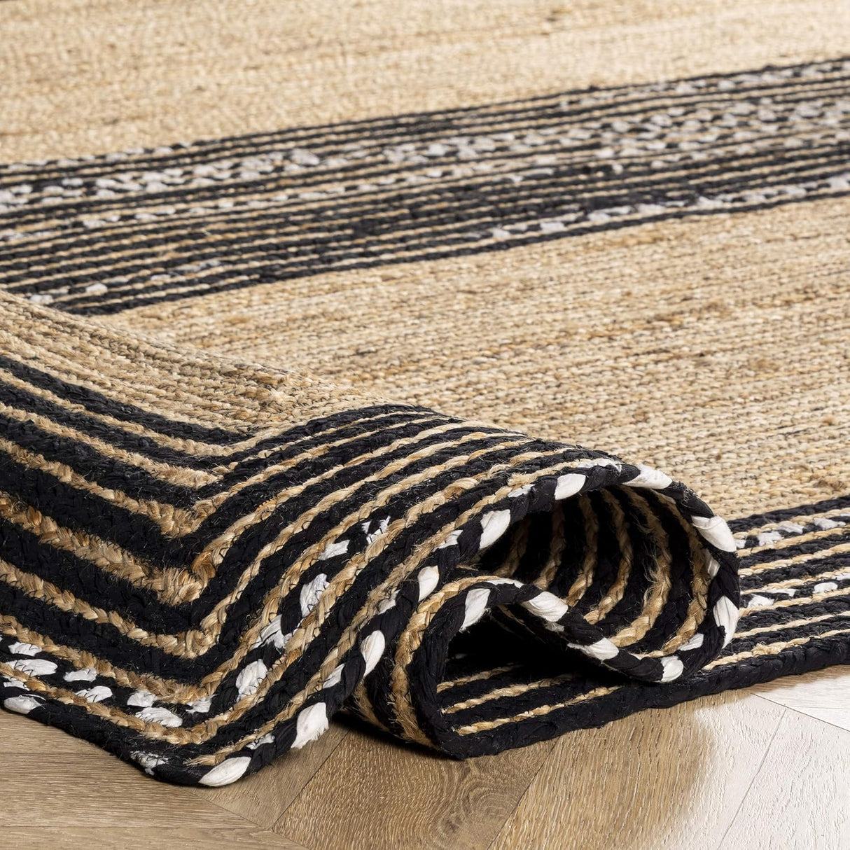 Beige & Black Braided Jute Area Rug with Cotton Border – Elegant Floor Decor