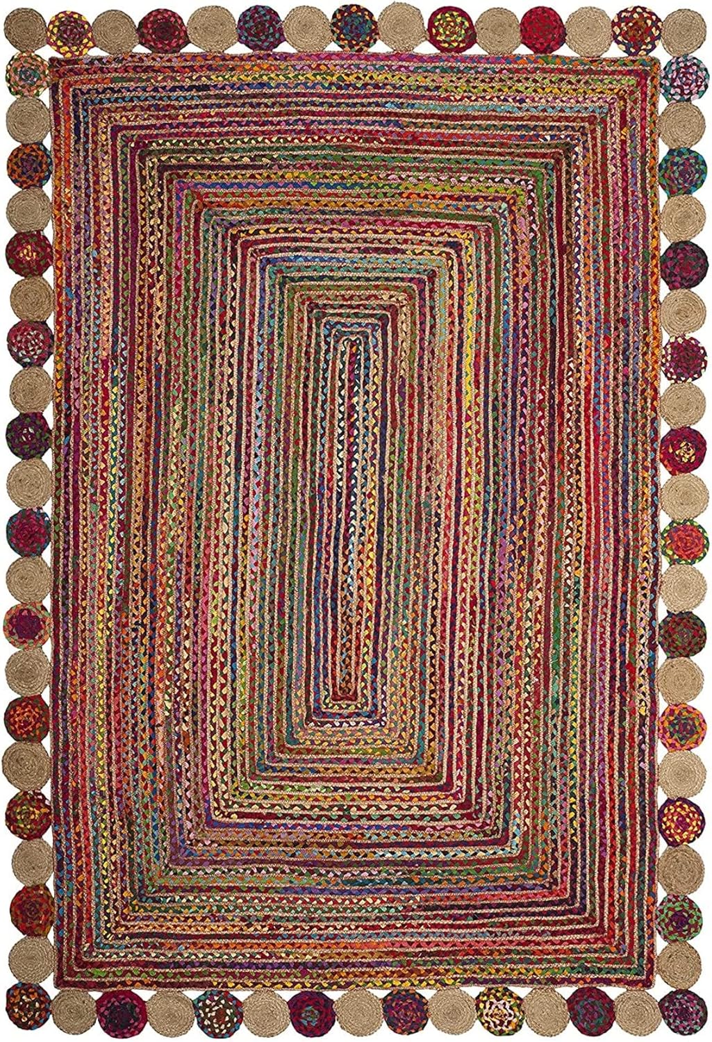 Handmade Recycled Chindi Rug – Braided Jute Cotton Pinwheel Design