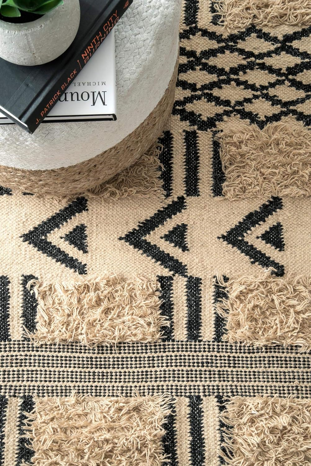 Mona Shaggy Tribal Stripes Wool Area Rug, Luxury Wool Jute Rugs