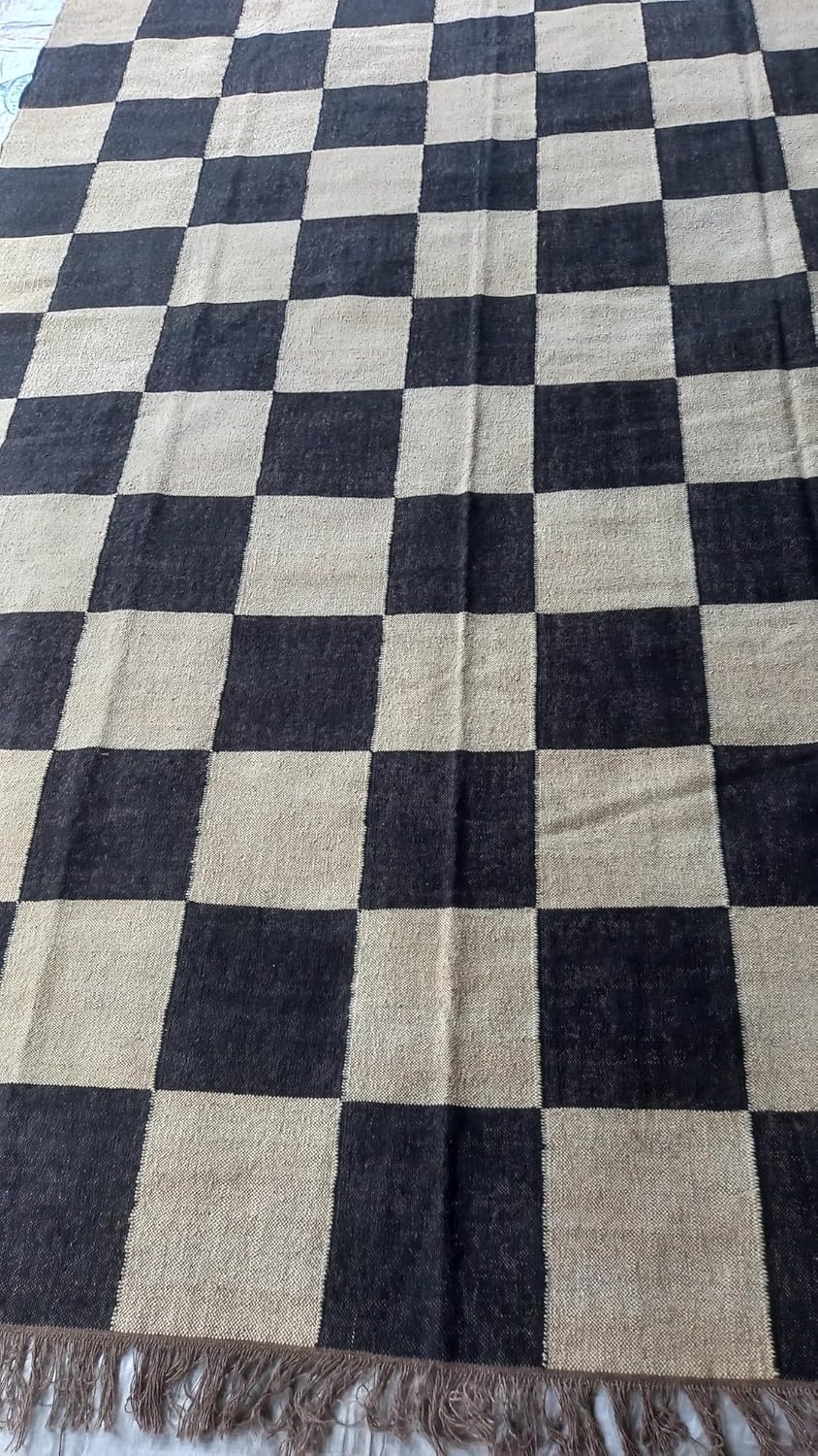 Wool Kilim Area Rugs,Checkered Pattern Black Color Ecofriendly Area Rug