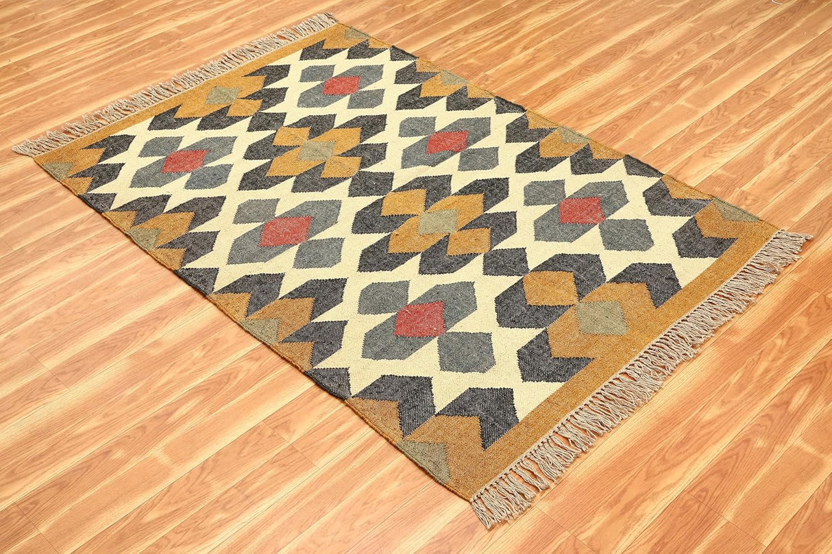 Wool Kilim Rug,Yellow Multicolor Wool & Jute Hand Woven Rug