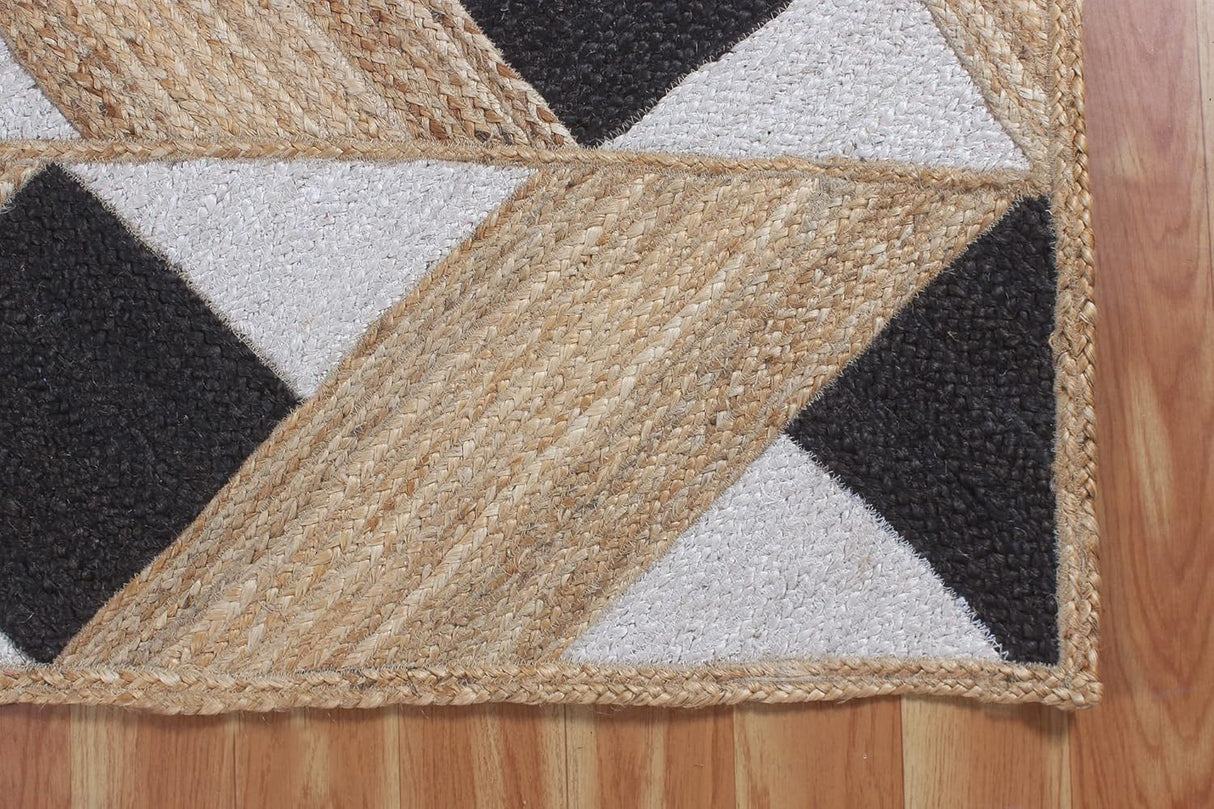 Beige and Black Indian Rug – Hand-Woven Geometric Area Rug for Living Room