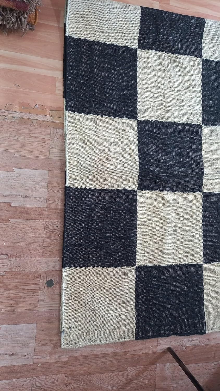 Wool Kilim Area Rugs,Checkered Pattern Black Color Ecofriendly Area Rug
