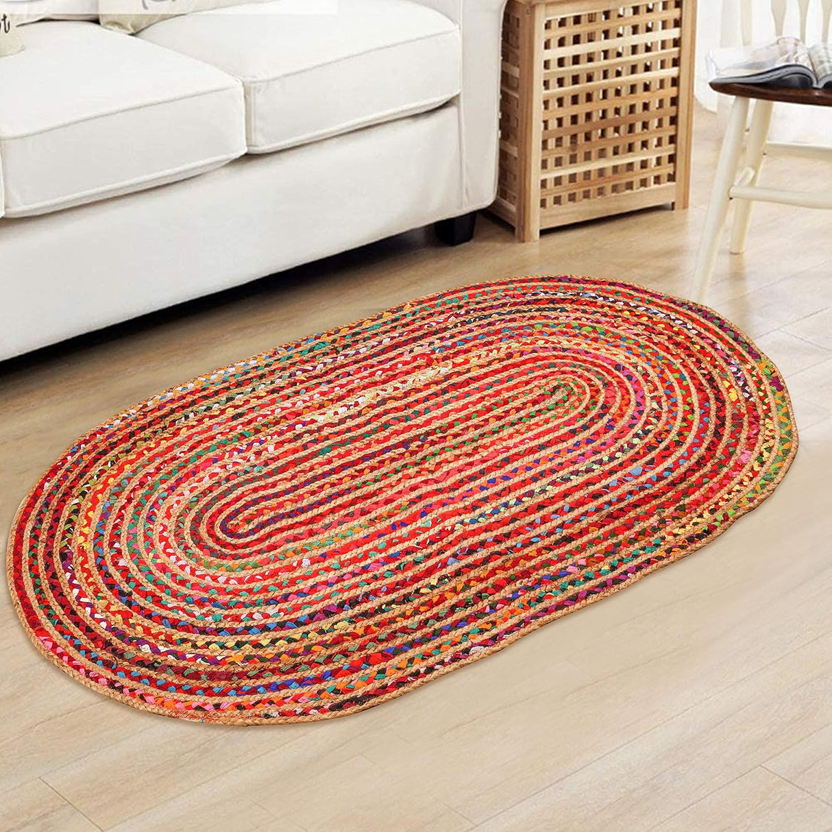 Indian Handmade Braided Rug – Colorful Jute Chindi Cotton Carpet for Home Interiors