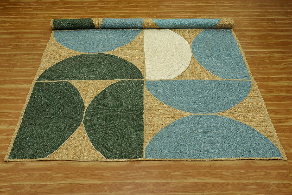 Braided Green and Blue Geometric Rug – Durable Area Rug for Living Room