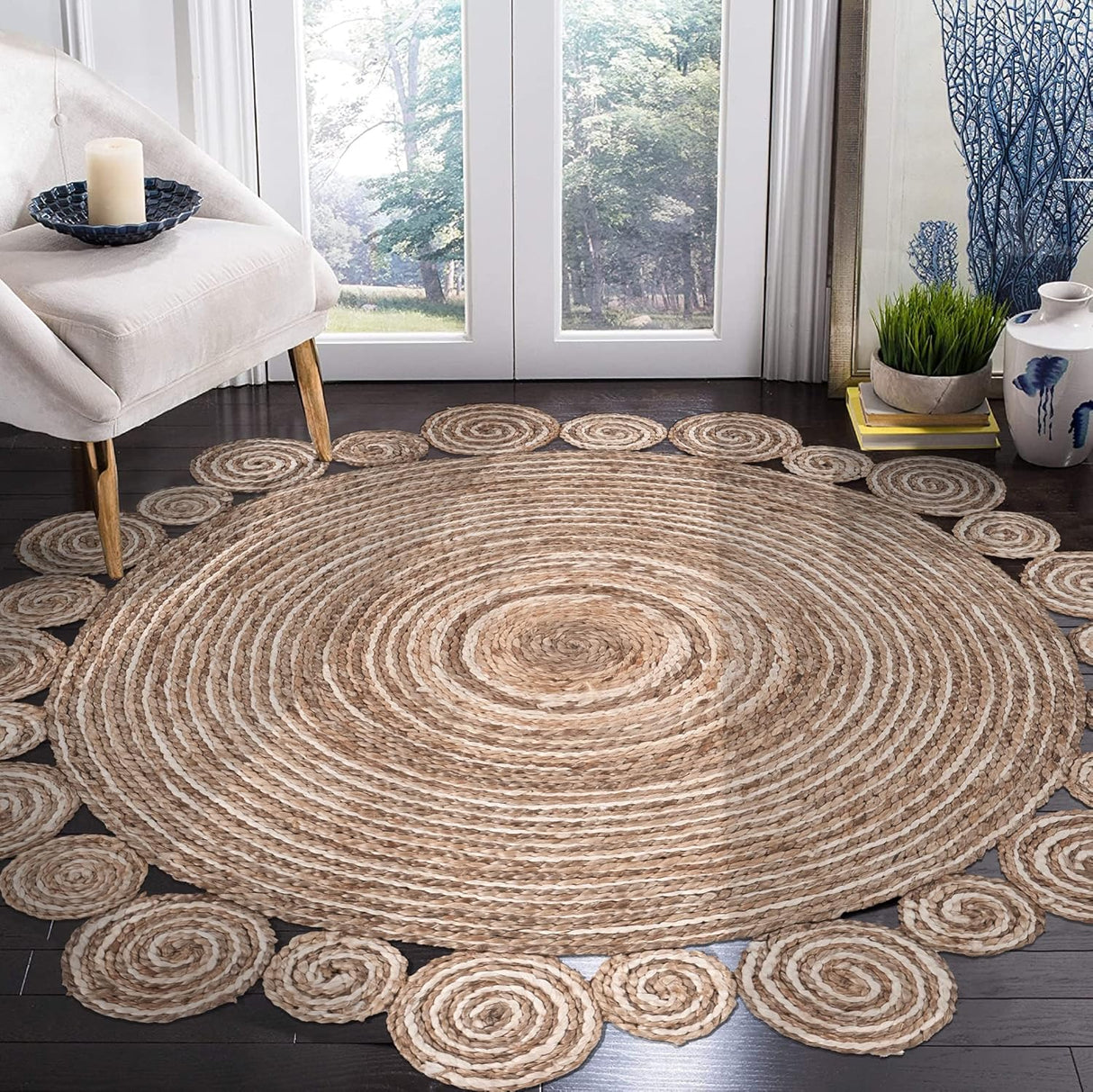 Handwoven Spiral Jute Rug – Bleached & Natural Tones for Boho or Coastal Décor