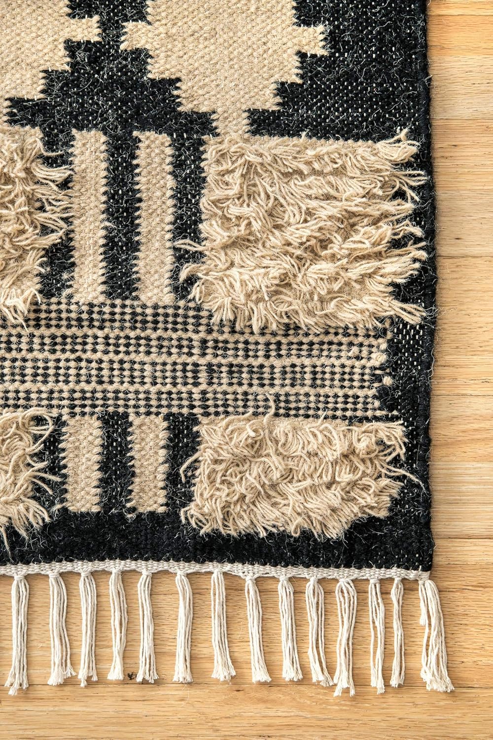 Mona Shaggy Tribal Stripes Wool Area Rug, Luxury Wool Jute Rugs