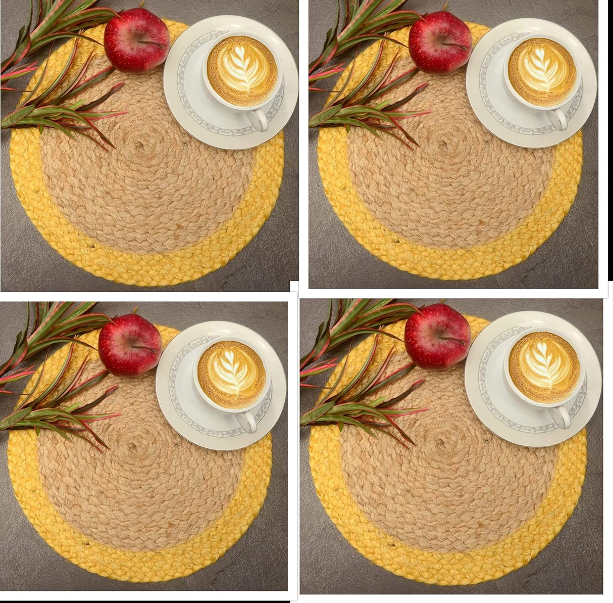 Non-Slip Table Top,Handmade BraideYellow Border Beige Inside Coaster
