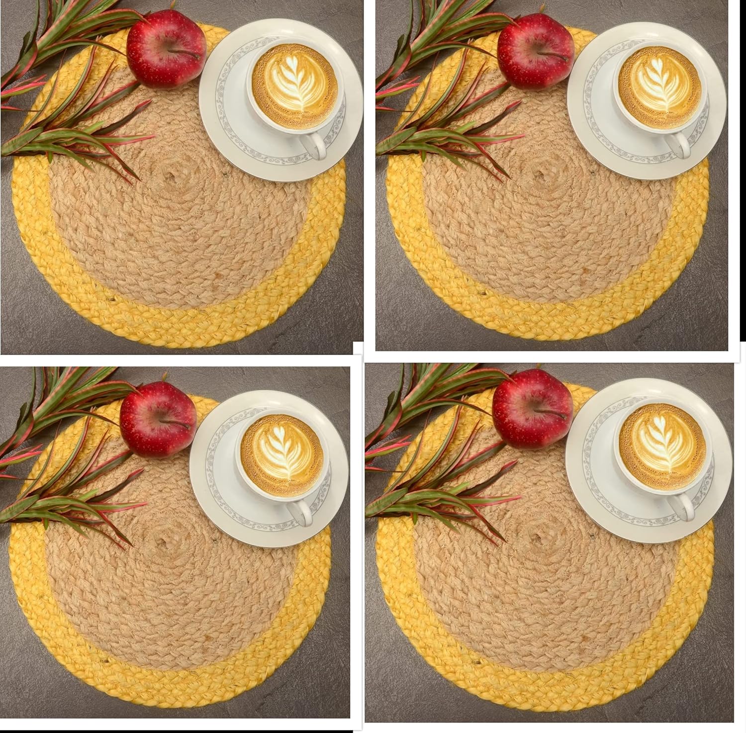 Non-Slip Table Top,Handmade BraideYellow Border Beige Inside Coaster