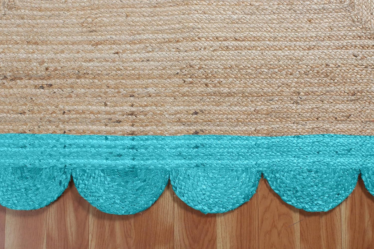 Black Border Jute Rug – Hand-Braided Scalloped Rug for Patio or Living Room