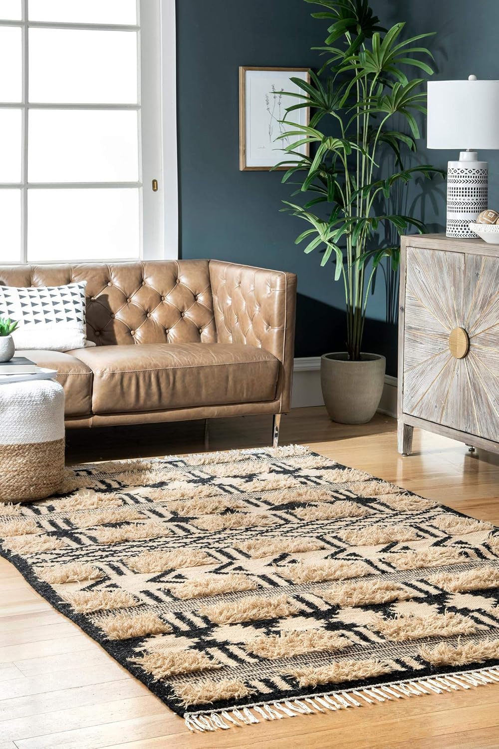 Mona Shaggy Tribal Stripes Wool Area Rug, Luxury Wool Jute Rugs