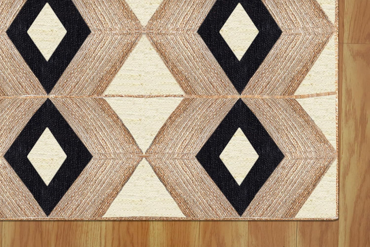 Beige and Black Indian Rug – Hand-Woven Geometric Area Rug for Living Room