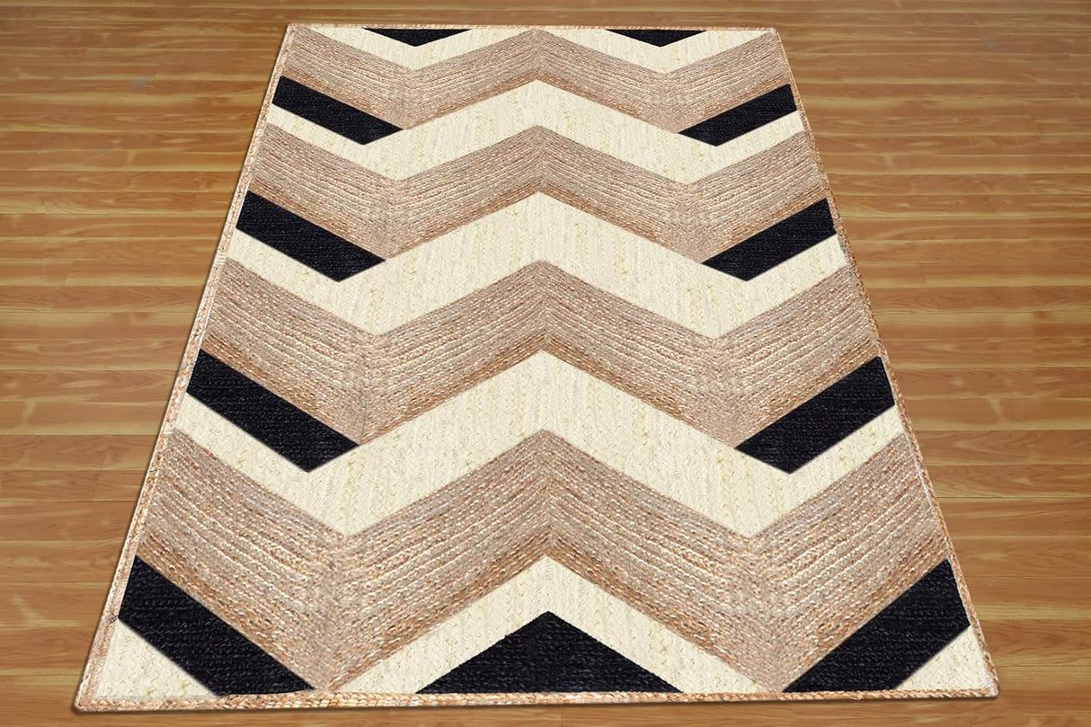 Beige and Black Indian Rug – Hand-Woven Geometric Area Rug for Living Room