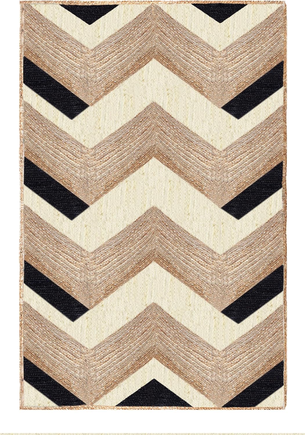 Beige and Black Indian Rug – Hand-Woven Geometric Area Rug for Living Room