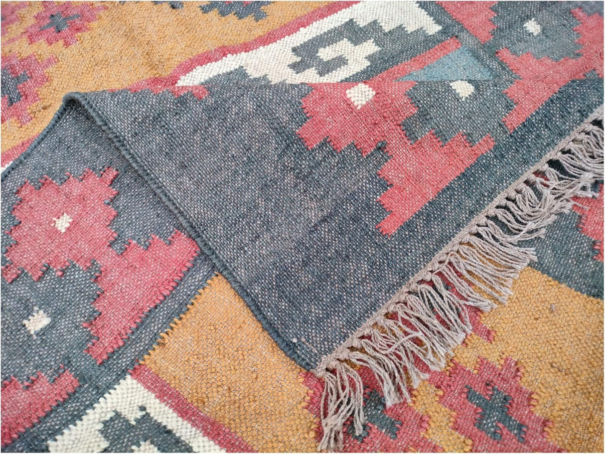 Natural Jute Kilim Dhurrie Rugs,Traditional Wool Jute Rug,Black-multi
