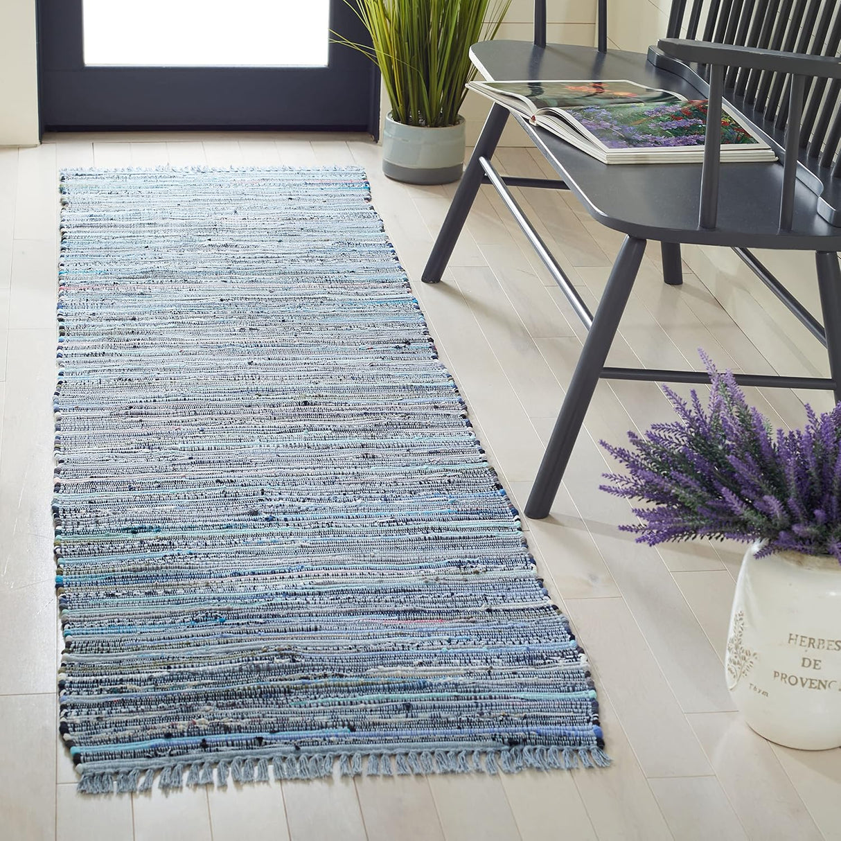 Handmade Boho Stripe Washable Blue/Multi Cotton Area Rug