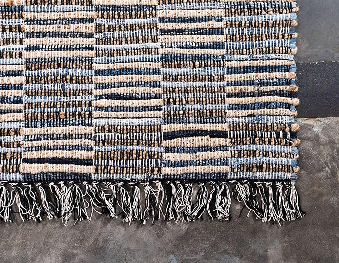 Chindi Jute Collection Hand Woven Natural Fibers Blue Area Rug