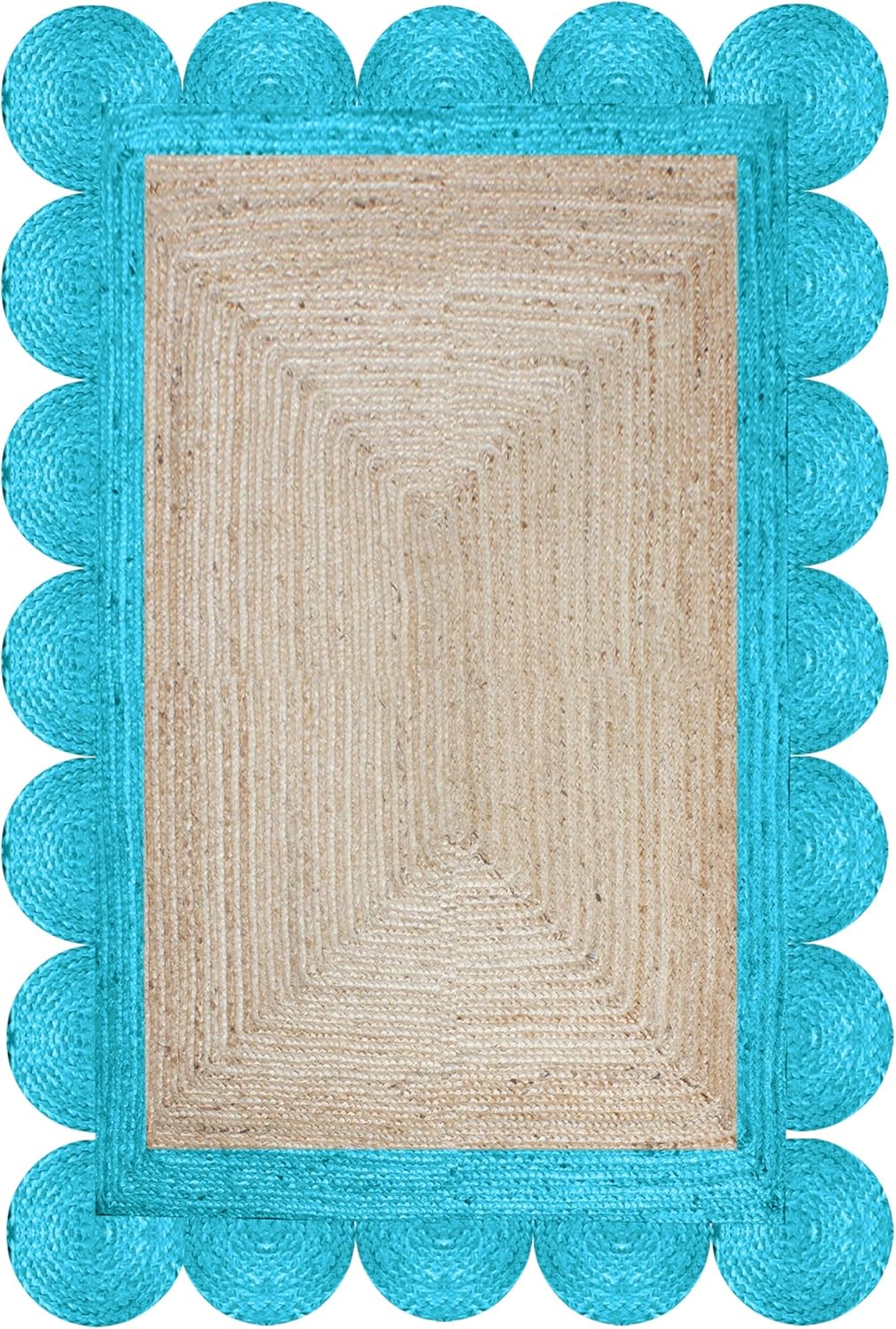Black Border Jute Rug – Hand-Braided Scalloped Rug for Patio or Living Room
