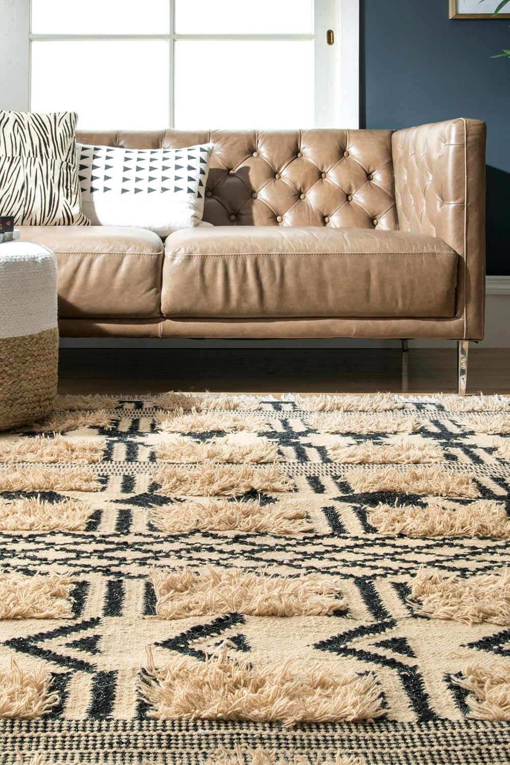 Mona Shaggy Tribal Stripes Wool Area Rug, Luxury Wool Jute Rugs