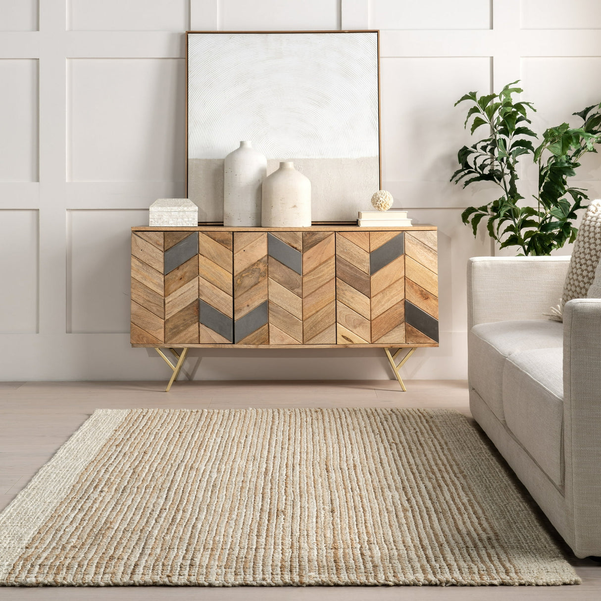Ivory Classic Striped Border Hemp Jute Area Rug
