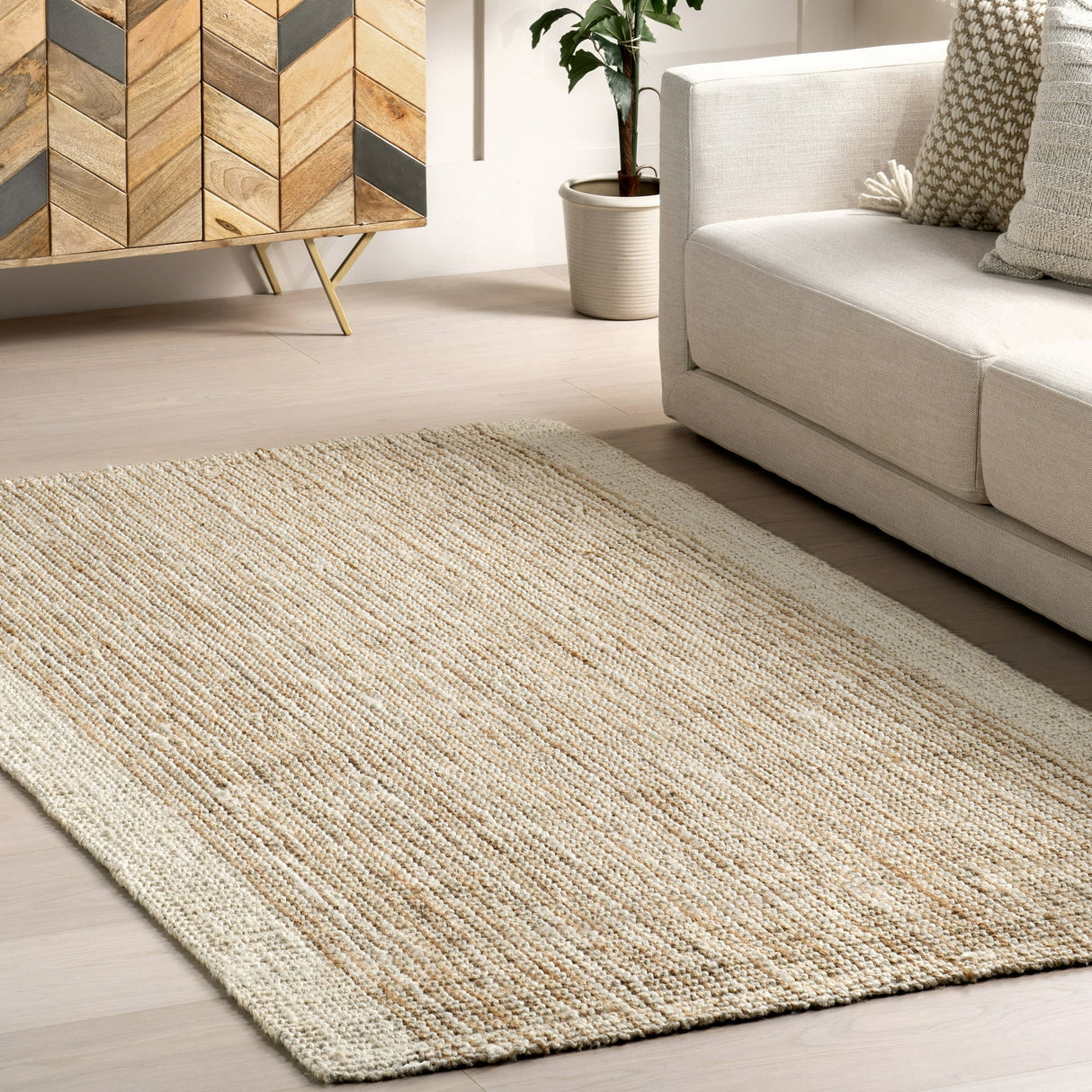 Ivory Classic Striped Border Hemp Jute Area Rug