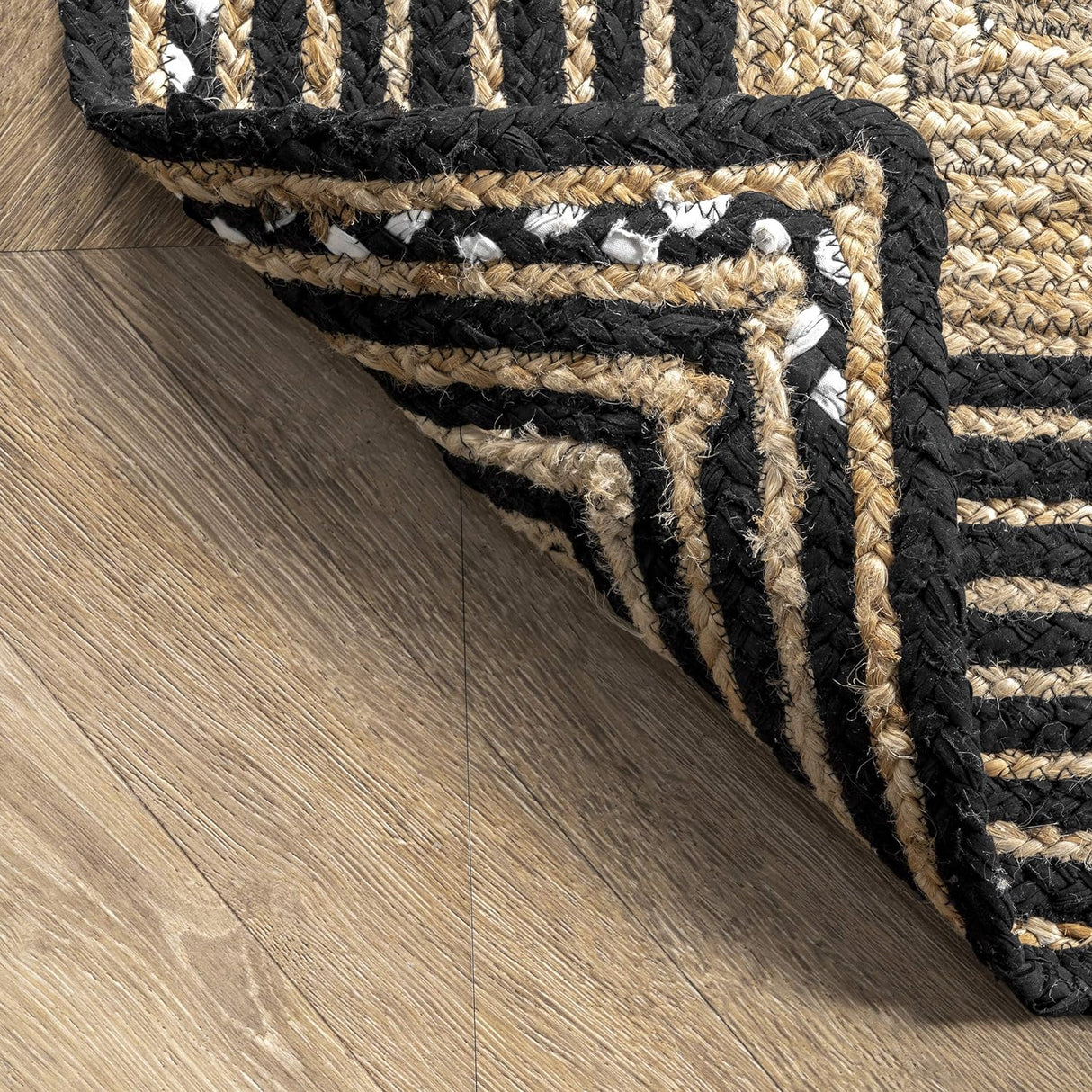 Beige & Black Braided Jute Area Rug with Cotton Border – Elegant Floor Decor