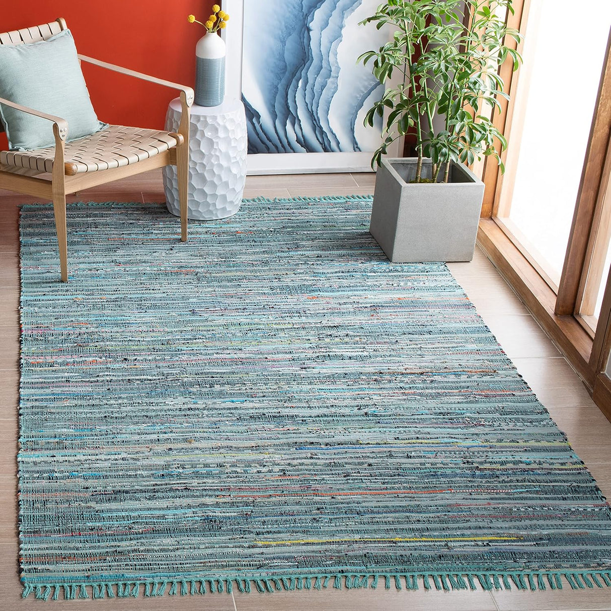 Handmade Boho Stripe Washable Turquoisen/Multi Cotton Rugs For Living Room
