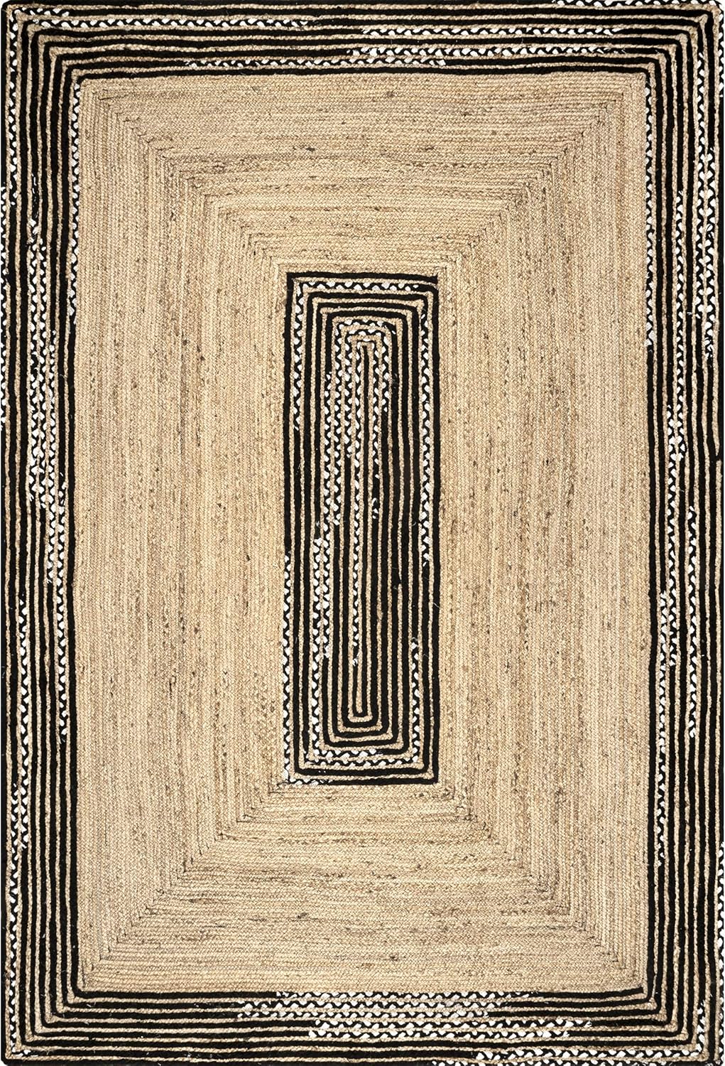 Beige & Black Braided Jute Area Rug with Cotton Border – Elegant Floor Decor