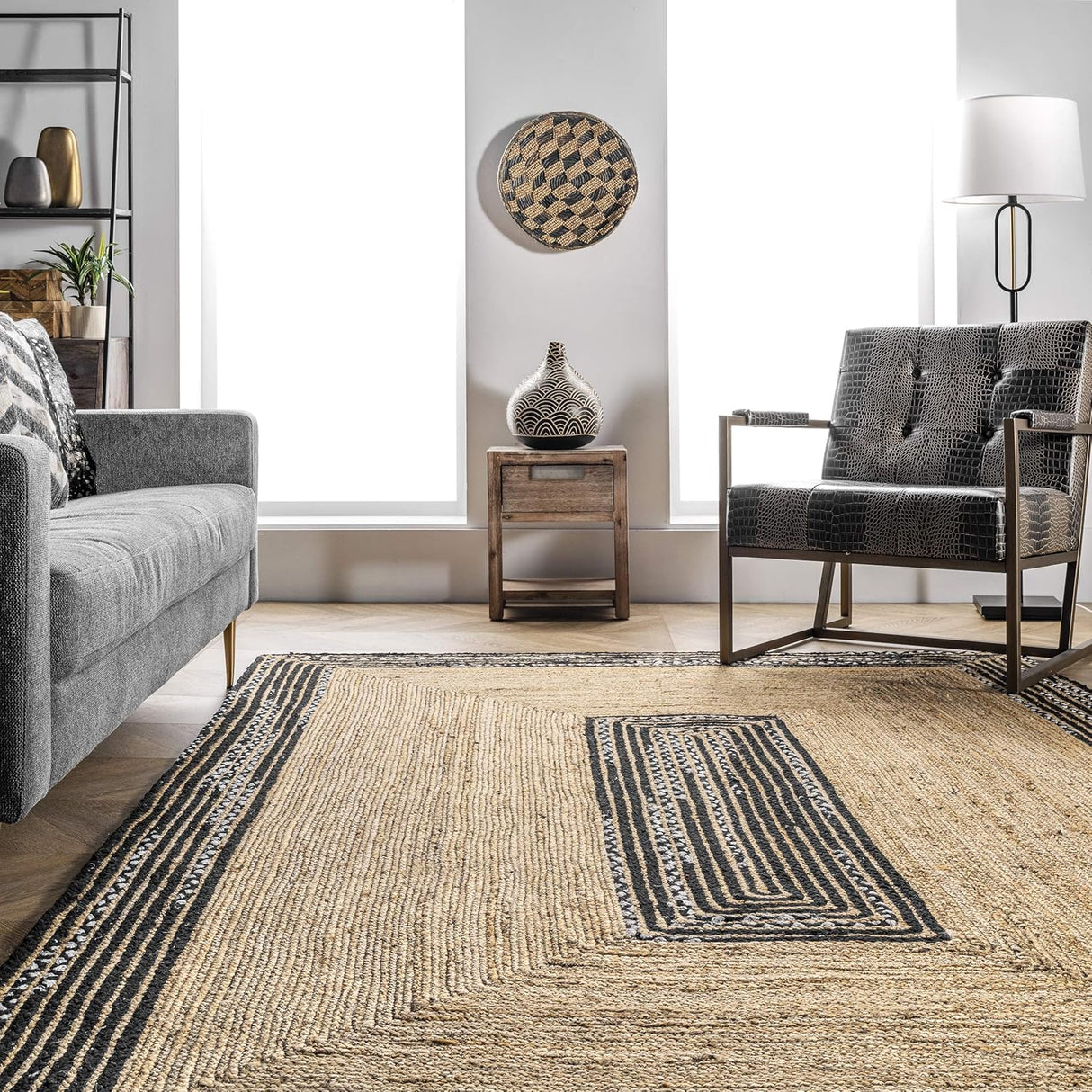 Beige & Black Braided Jute Area Rug with Cotton Border – Elegant Floor Decor