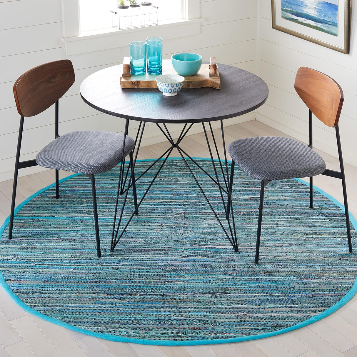 Handmade Boho Stripe Washable Turquoisen/Multi Cotton Rugs For Living Room