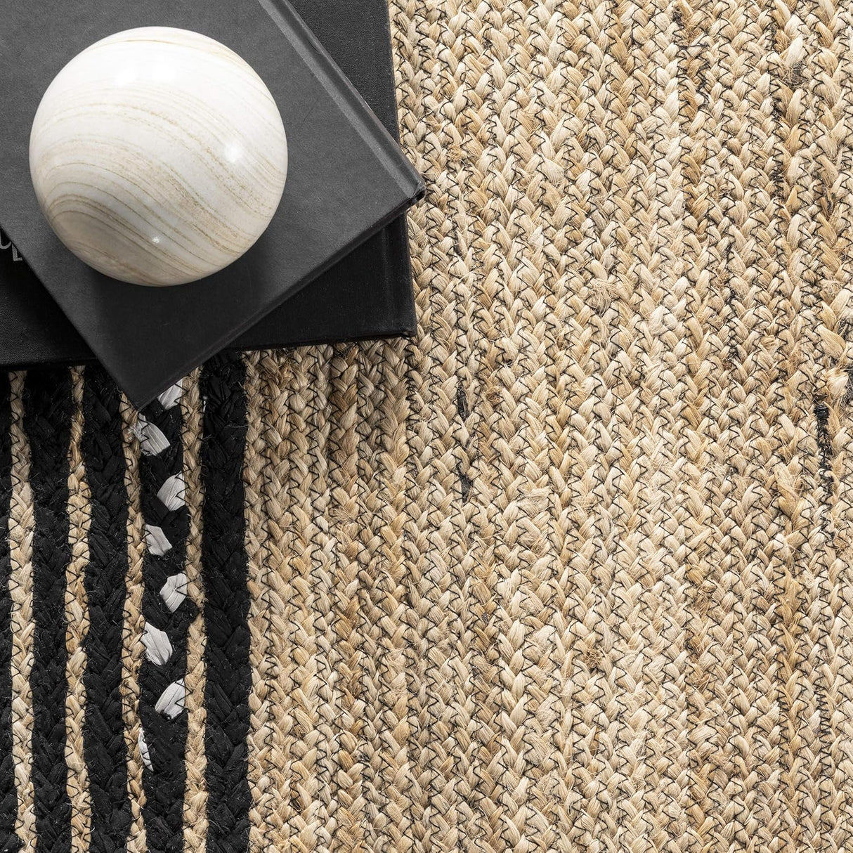 Beige & Black Braided Jute Area Rug with Cotton Border – Elegant Floor Decor