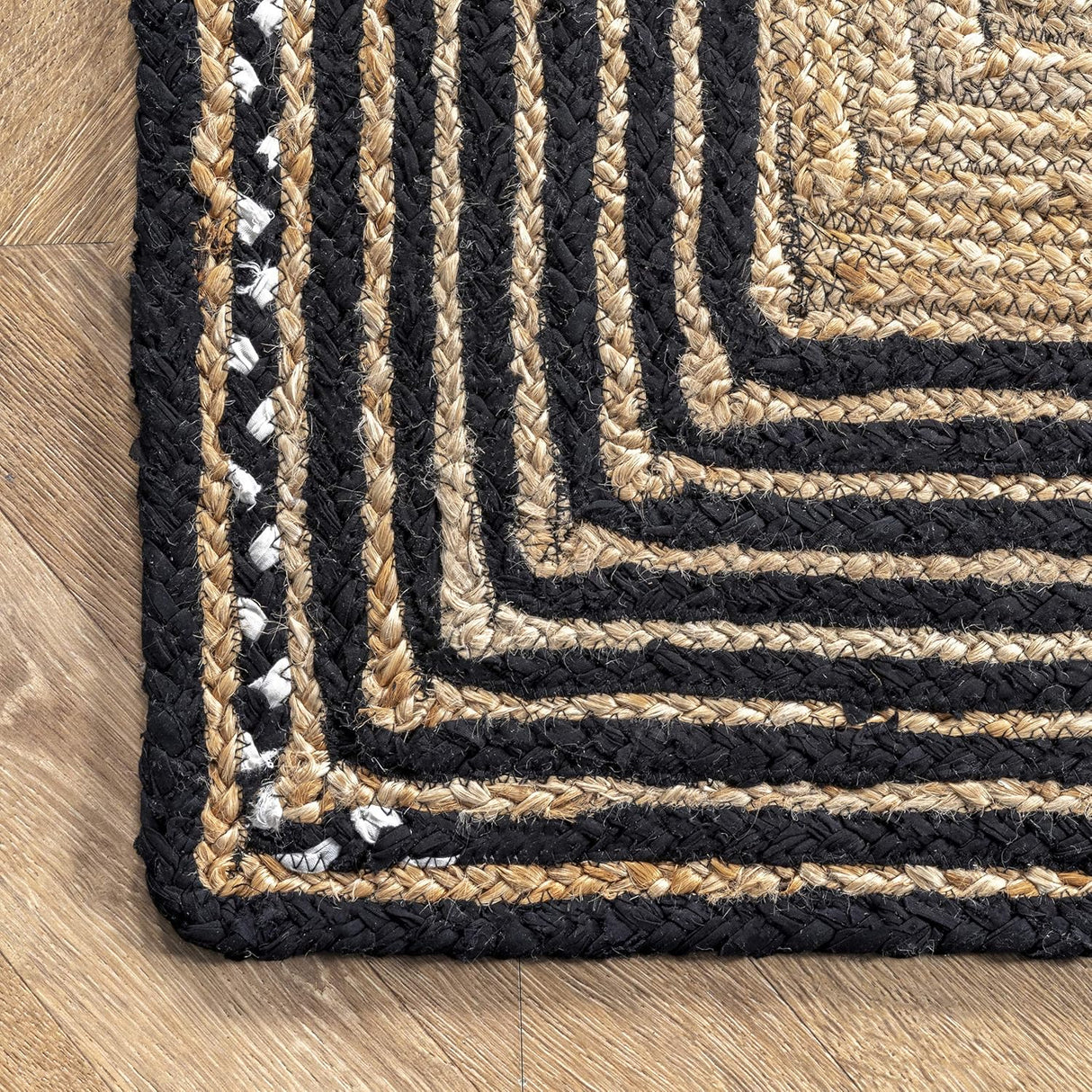 Beige & Black Braided Jute Area Rug with Cotton Border – Elegant Floor Decor