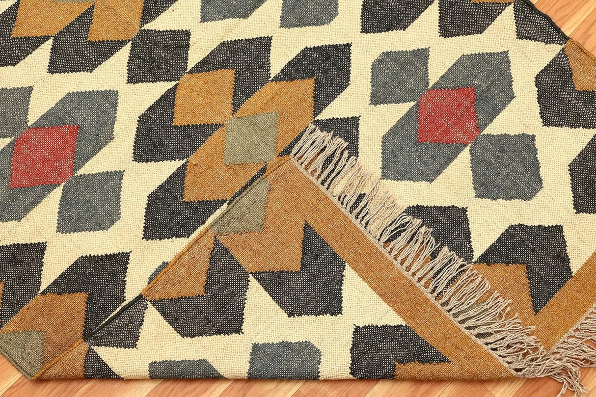 Wool Kilim Rug,Yellow Multicolor Wool & Jute Hand Woven Rug