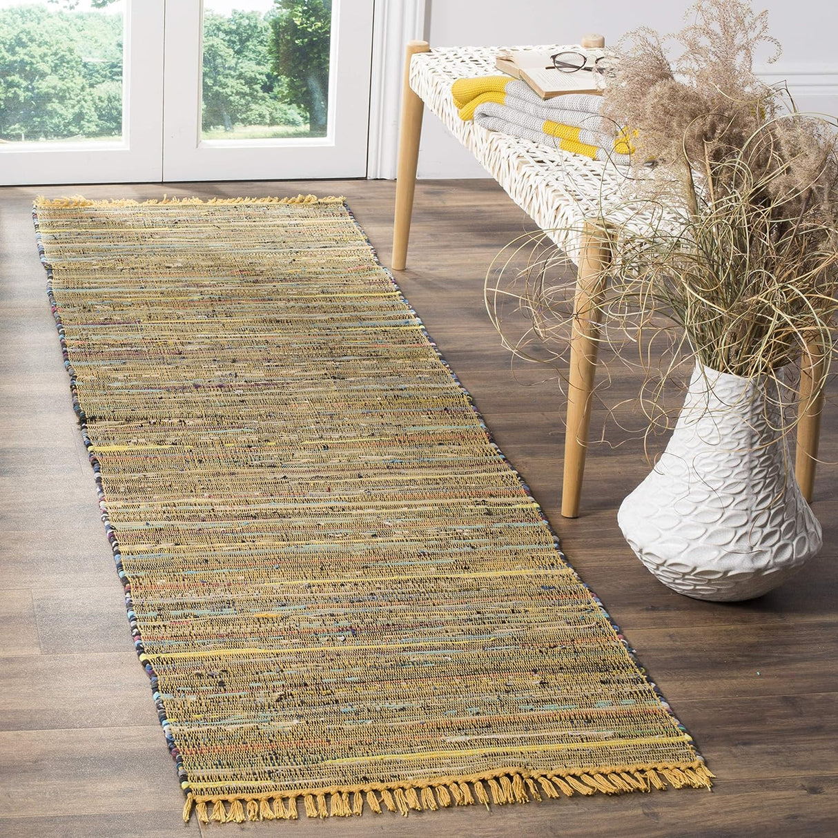 Handmade Boho Stripe Washable Yellow/Multi Cotton Rugs For Living Room