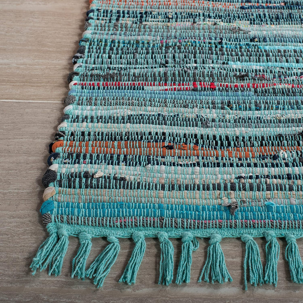 Handmade Boho Stripe Washable Turquoisen/Multi Cotton Rugs For Living Room