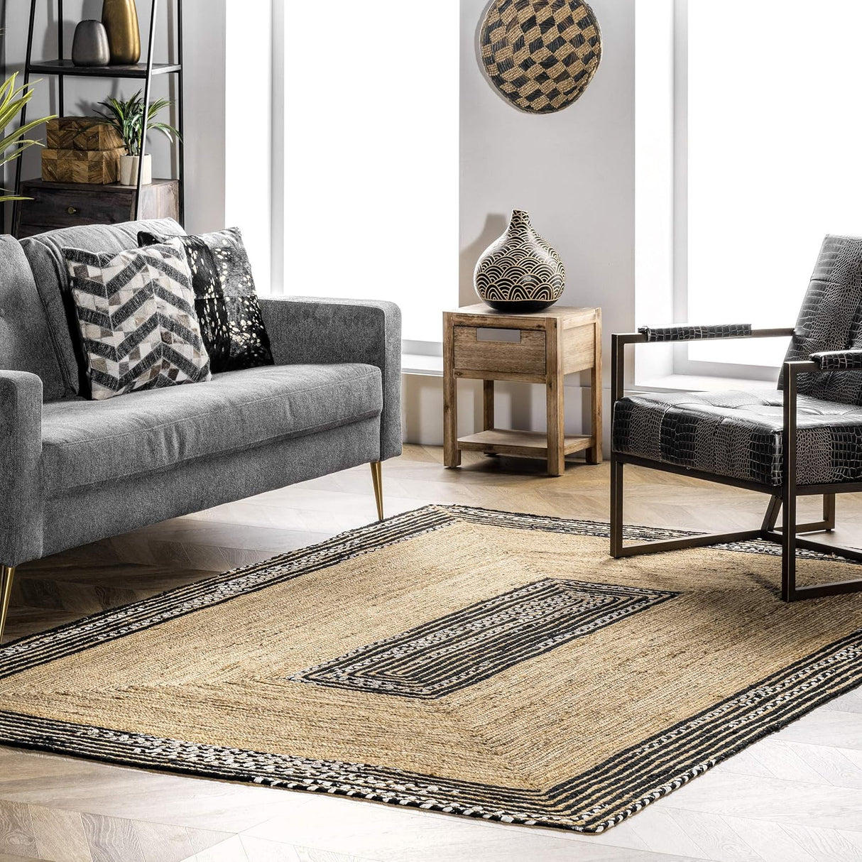 Beige & Black Braided Jute Area Rug with Cotton Border – Elegant Floor Decor