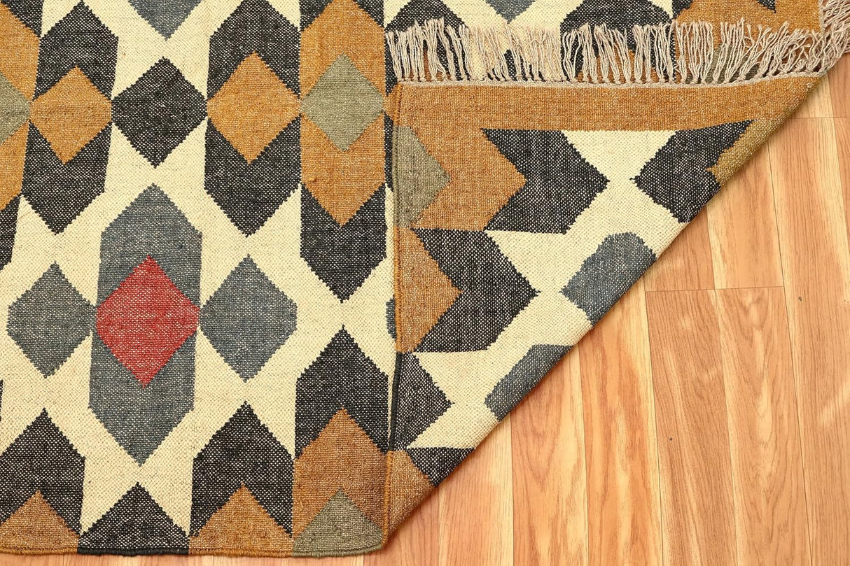 Wool Kilim Rug,Yellow Multicolor Wool & Jute Hand Woven Rug