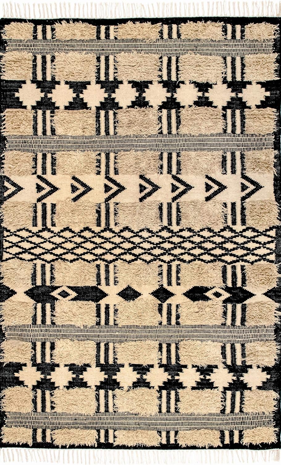 Mona Shaggy Tribal Stripes Wool Area Rug, Luxury Wool Jute Rugs
